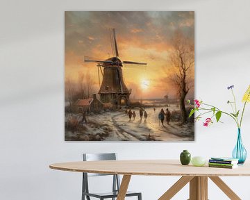 Hollands winterlandschap schilderij met molen van Preet Lambon