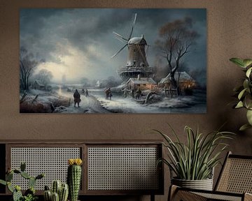 Dutch winter landscape painting with windmill