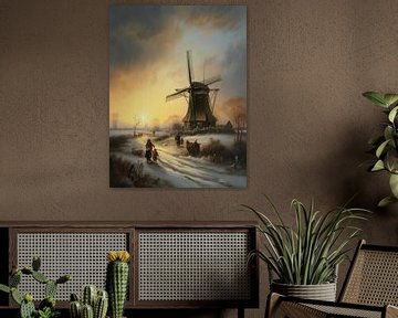 Peinture hollandaise d'un paysage d'hiver avec moulin à vent sur Preet Lambon