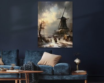 Dutch winter landscape painting with windmill