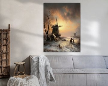 Dutch winter landscape painting with windmill by Preet Lambon