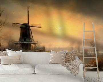 Hollands winterlandschap schilderij met molen van Preet Lambon