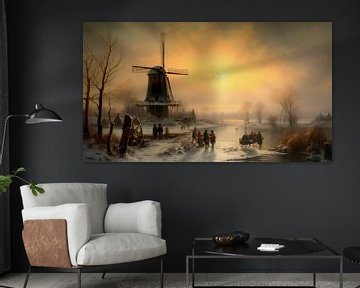 Dutch winter landscape painting with windmill