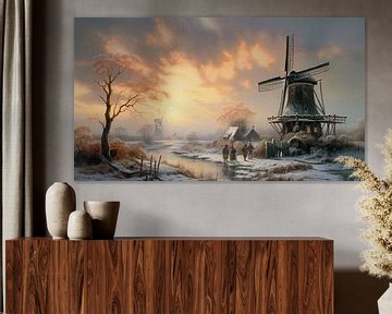 Dutch winter landscape painting with windmill by Preet Lambon