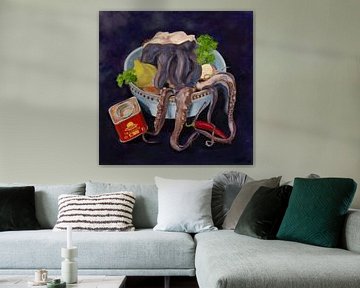 Pulpo alla gallega, octopus dish, oil painting by Astrid van de Ven