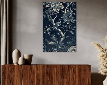 Vogel en bloemen in het blauw van Digitale Schilderijen