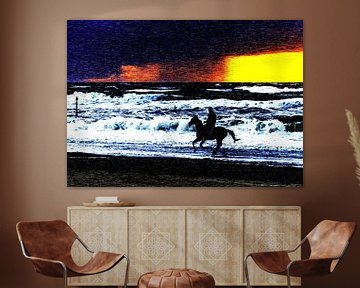 Man and horse fighting the elements together on a stormy beach by John Duurkoop