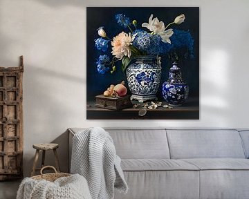 Delfter Blau Vase mit Blumen Stillleben von Vlindertuin Art