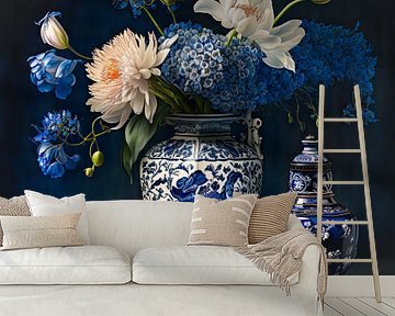 Delfter Blau Vase mit Blumen Stillleben von Vlindertuin-Art