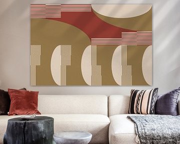 Architecture rétro. Art géométrique abstrait en rouge, beige et or. sur Dina Dankers