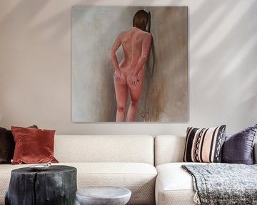 Female nude model posing against a wall. by Jos van de Venne