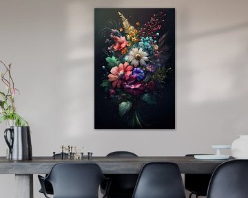 Een kleurrijke bos bloemen op een zwarte achtergrond van Stefan van der Wijst
