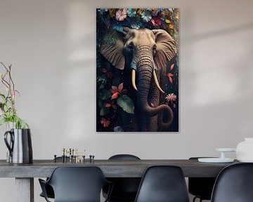 Portrait coloré d'un éléphant décoré de fleurs sur Stefan van der Wijst