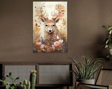 Hert omringt door bloemen van Digitale Schilderijen