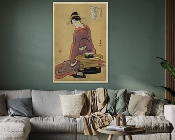 Japanese art ukiyo-e. Retro woodcut of a woman in kimono. Hibachi by Dina Dankers