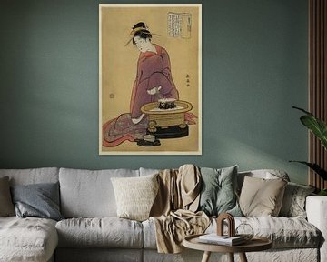 Japanse kunst ukiyo-e. Retro houtsnede van een vrouw in kimono. Hibachi