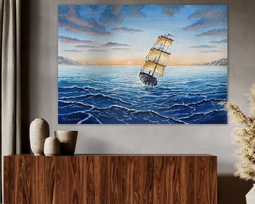 Voyager" - Gemalte Illustration mit Segelschiff und Meer von Maarten Pietersma