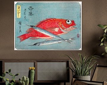 Japanse kunst ukiyo-e. Japanse rode en blauwe vis door Utagawa Hiroshige. van Dina Dankers