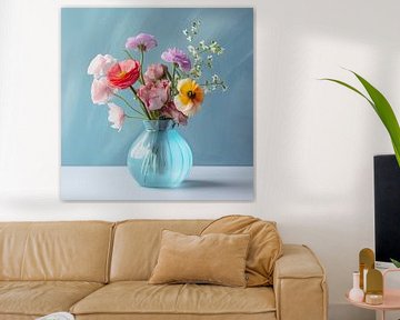 Summer flowers in light blue vase by Vlindertuin Art