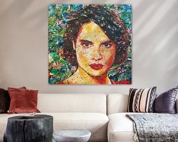 Portret vrouw rode lippen groen schilderij van Anja Namink
