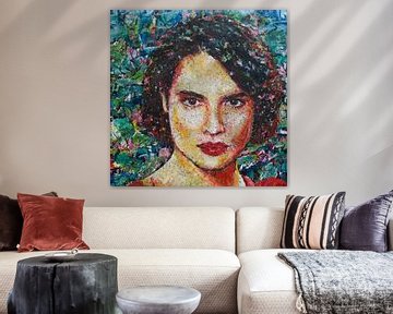 Madame | Portret van vrouw met rode lippen en groene achtergrond van Anja Namink - Schilderijen