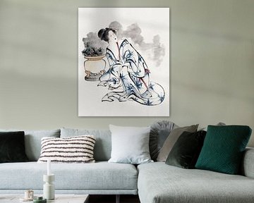 Japanse kunst. Japanse vrouw door Katsushika Hokusai. Vintage inktschilderij van Dina Dankers