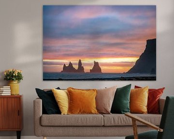 Sunset at the troll rocks of Vik in Iceland