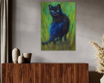 Schwarze Katze im grünen Gras Acrylgemälde von Karen Kaspar