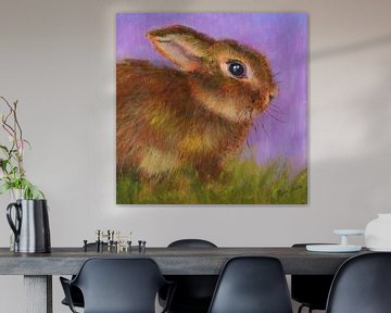 Het leuke Kleine Konijn Zitten in het Gras Acrylschilderij van Karen Kaspar