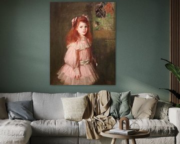 Vintage olieverfschilderij op doek. "Meisje in roze" in warme aardetinten. van Dina Dankers