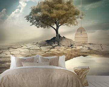 Eenzame boom in een surrealistisch landschap 6 van Digitale Schilderijen