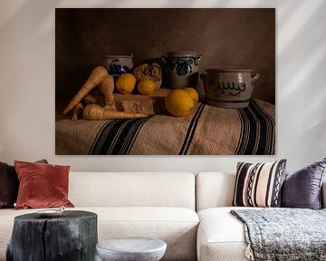 lemon parsnip and cologne pots in a still life on a canvas of a mill flour sack by ChrisWillemsen