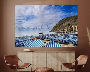 Boats on the beach of Monterosso al Mare on the Mediterranean coast i