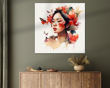 Watercolor Floral Asian Woman #5 by Chromatic Fusion Studio
