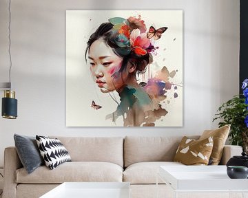 Watercolor Floral Asian Woman #4 by Chromatic Fusion Studio