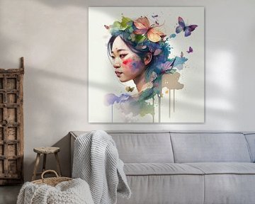 Watercolor Floral Asian Woman #7 by Chromatic Fusion Studio