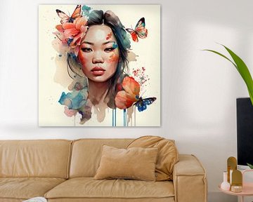 Watercolor Floral Asian Woman #1 by Chromatic Fusion Studio