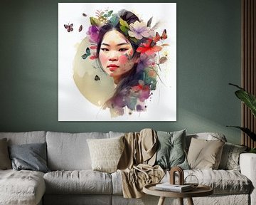 Watercolor Floral Asian Woman #3 by Chromatic Fusion Studio