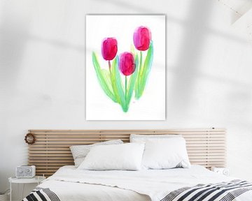 Drei pinkfarbene Tulpen Aquarellgemälde von Karen Kaspar