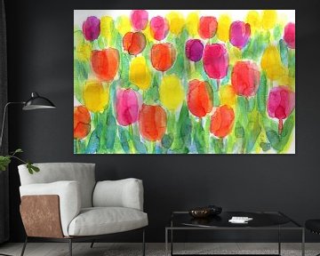 Colourful Spring Garden with Tulips Watercolour by Karen Kaspar