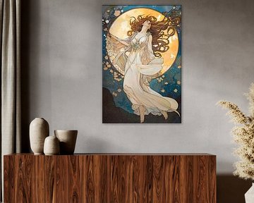 Dansende vrouw met lange witte jurk in maanlicht, stijl Alphonse Mucha van Jan Bechtum