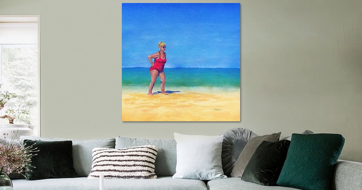 Frau in pinkfarbenen Badeanzug am Strand Acrylbild von Karen Kaspar auf ArtFrame, Leinwand, Poster und mehr | Art Heroes