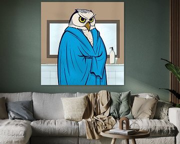 Badkamerbeesten: Illustratie van een Uil met badjas in de badkamer van Iets Anders