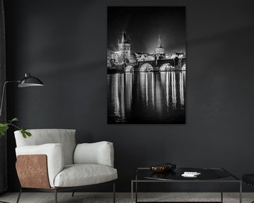 Charles Bridge and Old Town Bridge Tower by night - Monochrome by Melanie Viola