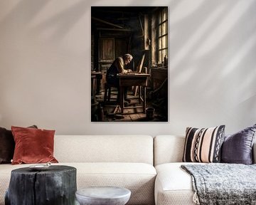 The old woodworker busy at his work table. by Harry Stok