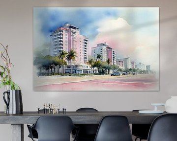 Aquarellen Landschapshuizen in Miami van Uncoloredx12