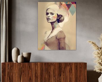 Portrait moderne illustré en couleurs pastel et sépia sur Carla Van Iersel