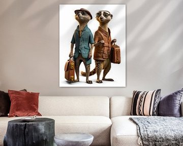 Humorous photorealistic illustration of two travelling meerkats