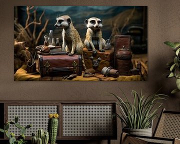 Humorous photorealistic illustration of two travelling meerkats by Beeld Creaties Ed Steenhoek | Photography and Artificial Images