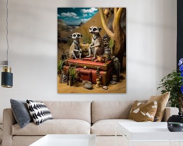 Humorous photorealistic illustration of two travelling meerkats by Beeld Creaties Ed Steenhoek | Photography and Artificial Images